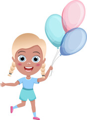 kids, little girl jump with colorful balloons on white background, cartoon illustration, vector. Birthday.Cute children having fun on birthday party. happy kids greeting card celebrate birthday vector
