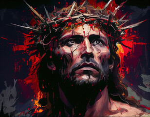 Artistic Colorful Painting Art of Jesus Face with a Crown of Thorns He is Risen Generative AI - obrazy, fototapety, plakaty