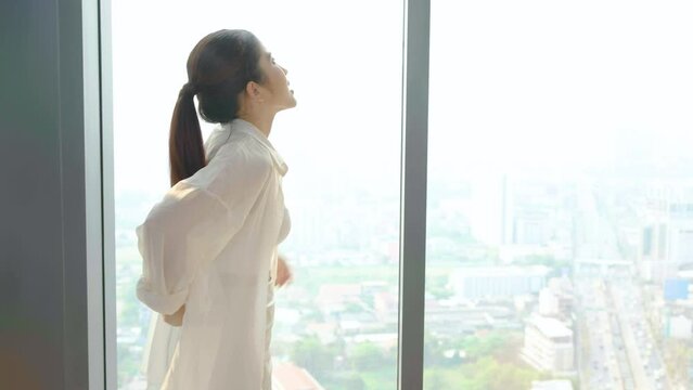 Back Pain. Business woman standing with back injury. woman back pain after work, Office syndrome Muscle inflammation concept. Business Woman with pain in back. Suffering from backache