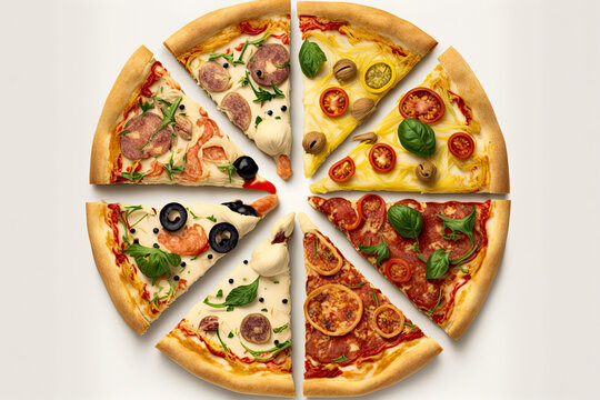 Four Pieces Of Pizza Isolated On The White Background Pizza Divided Into Parts On A White Background Generative AI