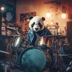 Fototapeta na wymiar Panda drummer rock and roll furry rock band. GENERATIVE AI
