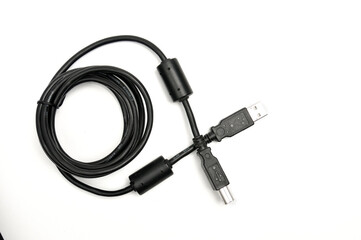 USB A and USB B printer plug cable on white background