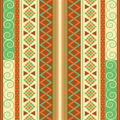 Old folk texture. Traditional seamless pattern with geometric motifs. Repeat vector background.