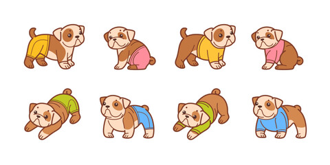 Cartoon dog icon set. Different poses of bulldog with clothes. Vector illustration for prints, clothing, packaging, stickers.