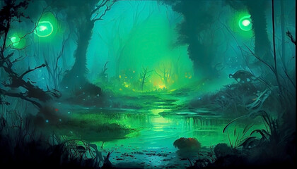 Fototapeta premium Abstract forest fantasy landscape illustration graphic, by generative AI 