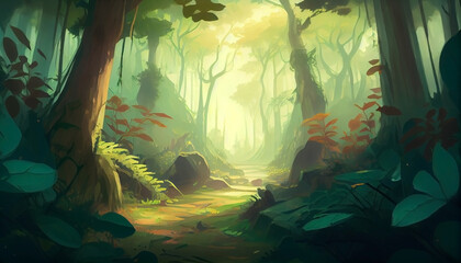 Abstract forest fantasy landscape illustration graphic, by generative AI	
