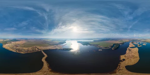 Cercles muraux Panoramique 360 hdri panorama aerial view over lake with island in equirectangular seamless spherical projection with zenith and nadir,  ready for use as sky replacement in drone 360 panoramas or VR content