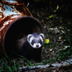 polecat hiding away black and white face 