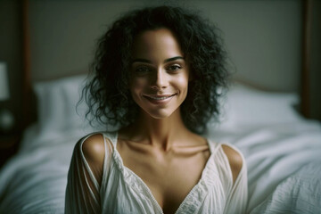 young adult woman sitting on the bed and smiling feeling satisfied and happy. Generative AI
