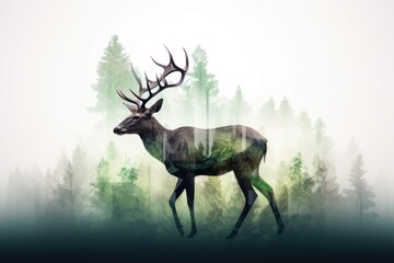 Deer on foggy morning in green forest, double exposure. Generative AI