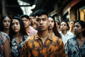 Obraz premium a group of asian people in a narrow side street with critical or negatively surprised facial expressions, problematic fictional situation. Generative AI