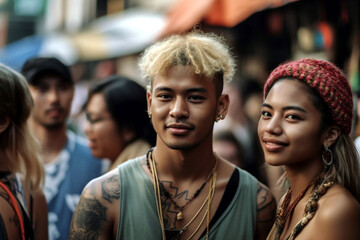 Obraz premium young adult couple on a side street, traveling or living, summer temperatures, other people in the background, fictional location. Generative AI