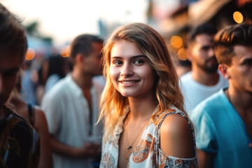 Obraz premium young woman or teenager on a busy street with many other people at sunset, fictional location. Generative AI