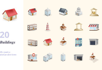 Buildings set. Creative icons: home, office, villa, goverment, bank, school, lighthouse, church, museum, shop, hospital, house, municipal, hotel, garage, post office, condo, new building, warehouse