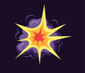 Concept Boom explosion clouds. This is a flat, cartoon-style illustration depicting an explosion or "boom" against a dark background. Vector illustration.