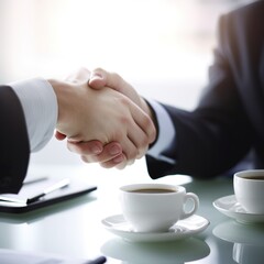 Fototapeta na wymiar A formal business handshake, blurred background in the office, AI generative