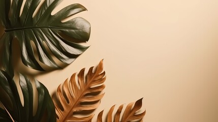Green and orange leaves on a distinct light colour background with copy space, Generative AI