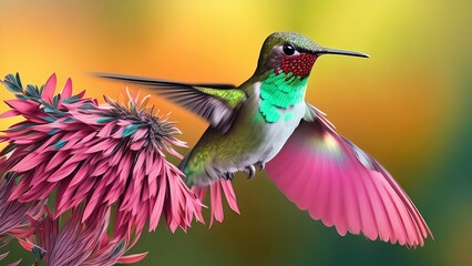 Fototapeta premium Hummingbird in Flight, a gorgeous depiction of the theme of color and grace. 