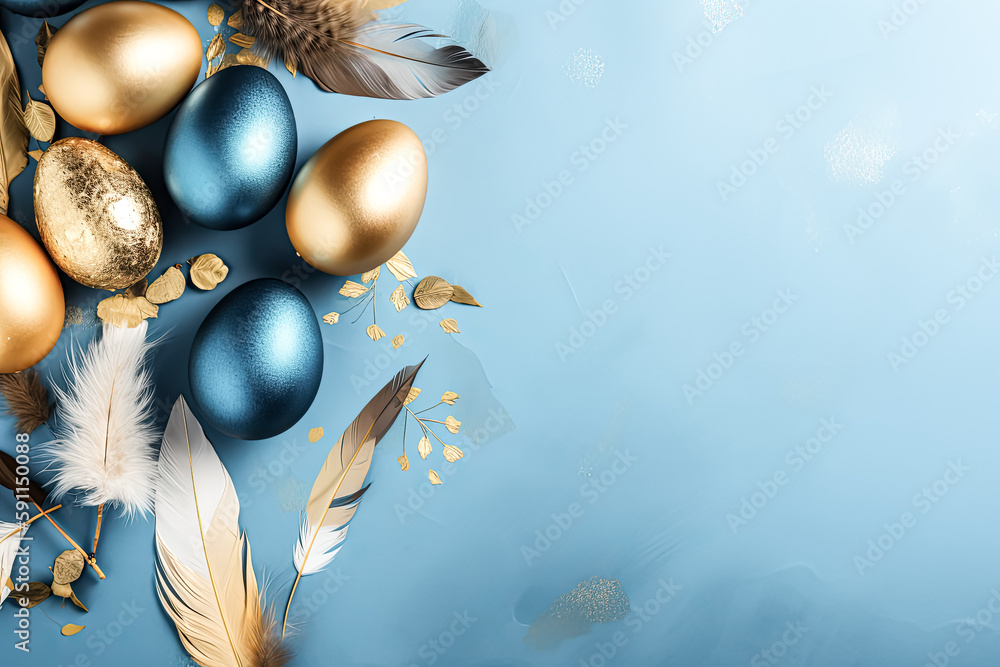 Poster golden easter eggs with copy space- generative ai.