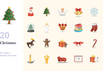 Christmas set. Creative icons: santa claus, christmas tree, angel, bell, snowflake, snow globe, snowman, petard, gingerbread house, christmas stocking, elk, gingerbread man, christmas gift, festive