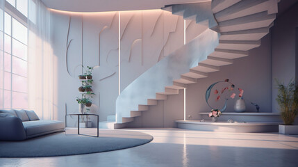 living room interior with stairs. futuristic, designer, modern, cozy. Created using generative AI.
