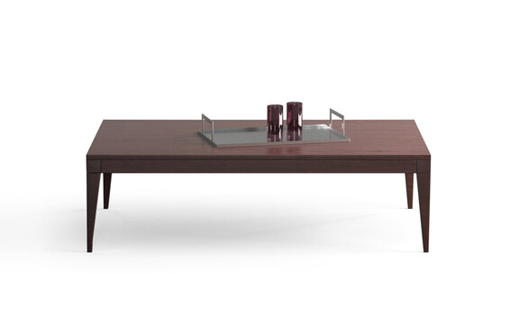 3d render Brown wooden coffee table. Tray with glasses on the coffee table