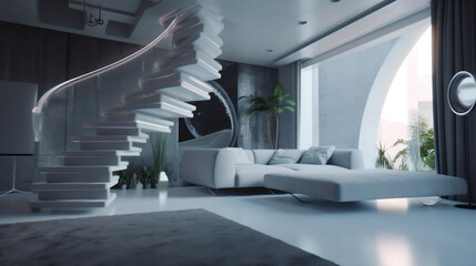 living room interior with stairs. futuristic, designer, modern, cozy. Created using generative AI.