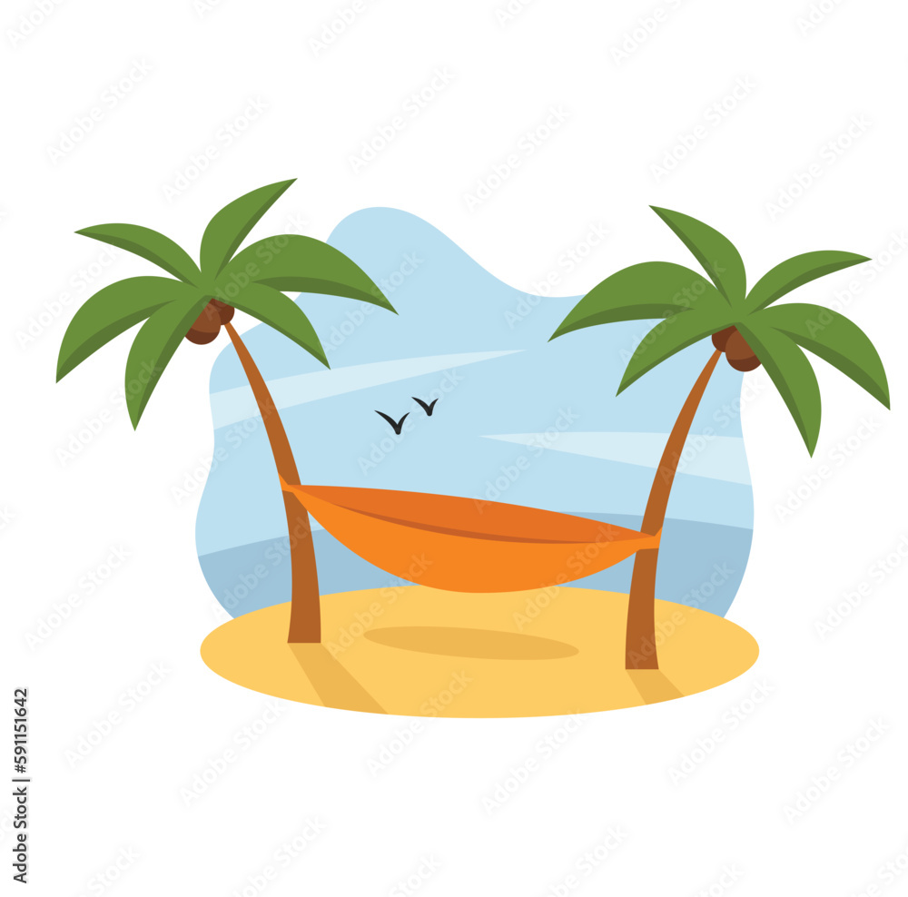 Poster concept hawaii beach hammock palms sand. this is an illustration with a flat and cartoon-style desig