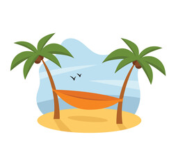 Concept Hawaii beach hammock palms sand. This is an illustration with a flat and cartoon-style design featuring a hammock hanging between two palm trees on a beach in Hawaii. Vector illustration.
