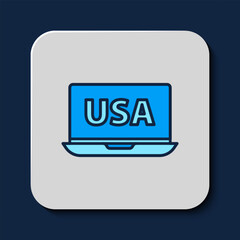 Filled outline USA United states of america on laptop icon isolated on blue background. Vector