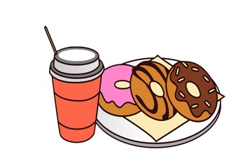 coffee in plastic container with sweet donut on white