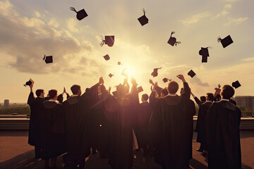 A group of happy young people at their graduation ceremony, throwing their caps into the sunset sky