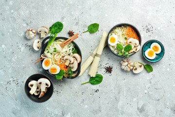 Banner Japanese traditional food. A bowl of udon noodles with egg, mushrooms, and green onions. On a stone background.