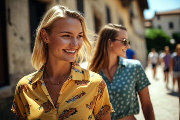 Fototapeta premium two young adult blonde caucasian women walking between old buildings in sunshine in summer shirt. Generative AI
