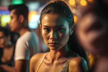 young asian woman in a bar in warm temperatures with sweaty skin, serious or bad mood, at night in a fictitious place. Generative AI