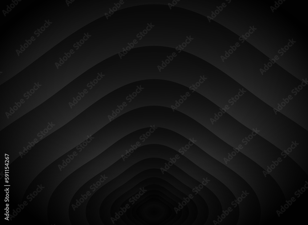 Poster abstract unusual horizontal illustration of black volumetric gradient arched stripes that overlap ea