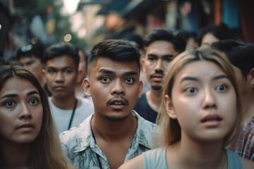 Fototapeta premium a group of asian people in a narrow side street with critical or negatively surprised facial expressions, problematic fictional situation. Generative AI