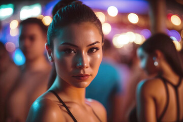 young adult woman in nightlife, fictional location. Generative AI