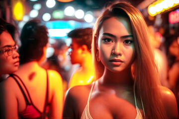 young adult woman in nightlife, fictional location. Generative AI