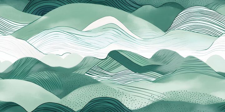 Seamless Abstract playful hand drawn fine line watercolor stripes rolling hills landscape pattern in teal green and white. Baby boy or nautical theme. High resolution textile texture background.