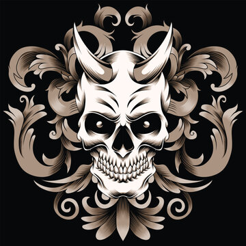 Skull with horns vector illustration with baroque ornament