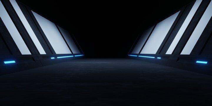 3d rendering of spaceship corridor blue neon glowing hallway dark background. Scene for advertising, showroom, technology, future, modern, sport, game, metaverse. Sci Fi Illustration. Product display