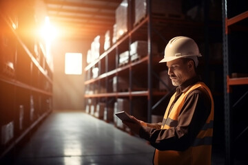 a man with a tablet computer in a warehouse with high racks, wears a hard hat and an orange safety vest. Generative AI - obrazy, fototapety, plakaty