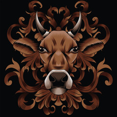 cow head illustration with baroque ornament