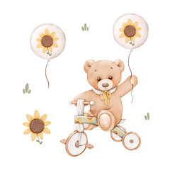 Set of watercolor illustrations. A cute teddy bear is sitting on a bicycle. Can be used for baby shower or kid poster. With white isolated background