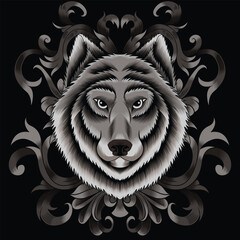 wolf head illustration with baroque ornament