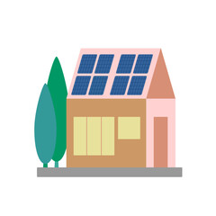 House with Solar photovoltaic panels on roof, solar batteries on building, green energy concept, vector flat illustration