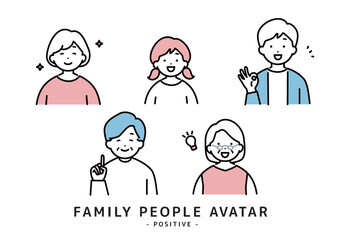 ポジティブな表情　様々な世代の家族のアイコンセット　その２
