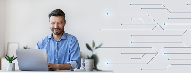 Smiling european mature businessman or manager typing on laptop in office interior with abstract light