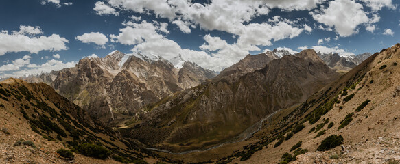 A panoramic view of the peaks of the Turkestan Range across the beautiful valley of the Kashka-suu River in Kyrgyzstan.